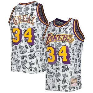 Perfecto Moderno Atractivo Shaquille O'Neal Los Angeles Lakers 1996/97 Hardwood Classics Doodle Swingman Jersey White  para los verdaderos seguidores
