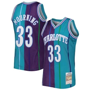 Moderno Sofisticado Bonito Alonzo Mourning Charlotte Hornets Hardwood Classics 1992/93 Split Swingman Jersey Teal/Purple  para los verdaderos seguidores
