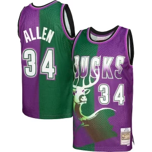 Increíble Original Ray Allen Milwaukee Bucks Hardwood Classics 1996/97 Split Swingman Jersey Green/Purple  para los verdaderos seguidores